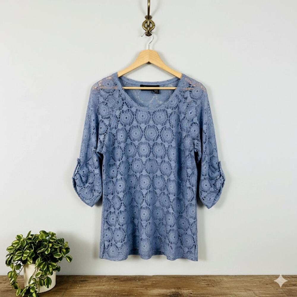 Frazzle Dusty Blue Pointelle Knit Sweater Roll Tab Sleeve Top Small NWT